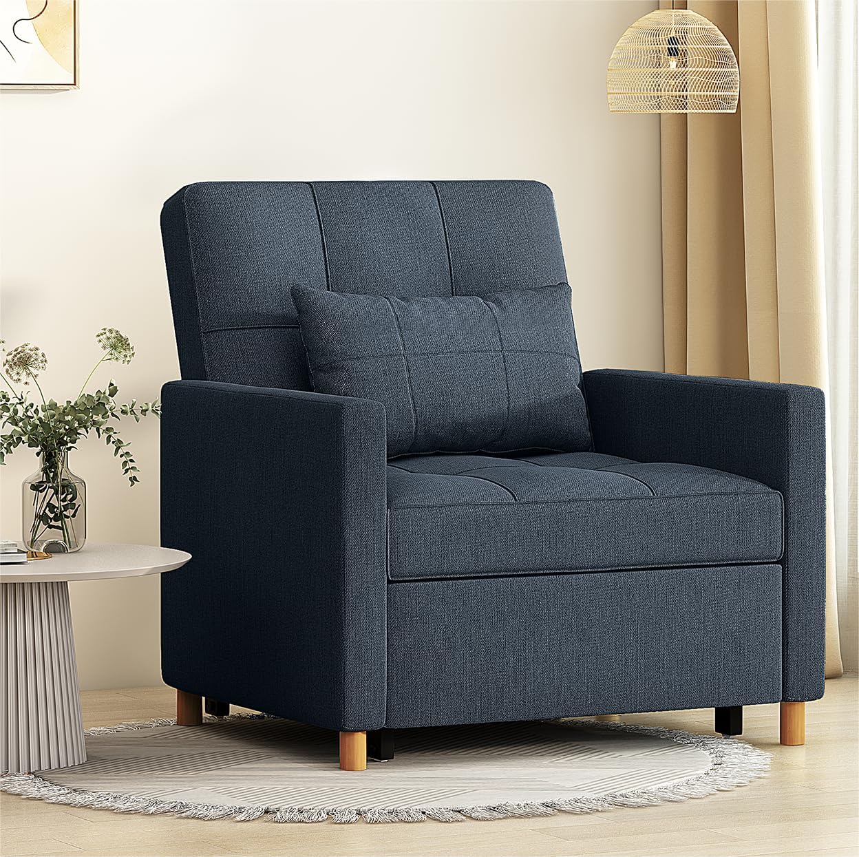 YODOLLA Sleeper Chair, 3 in 1 Chair Bed for Adults, Pull Out Sofa Chair with Pillow and Convertible Backrest, Multi-Functional Fold Out Futon Chair Reading Chair for Small Space (Navy) Navy Blue