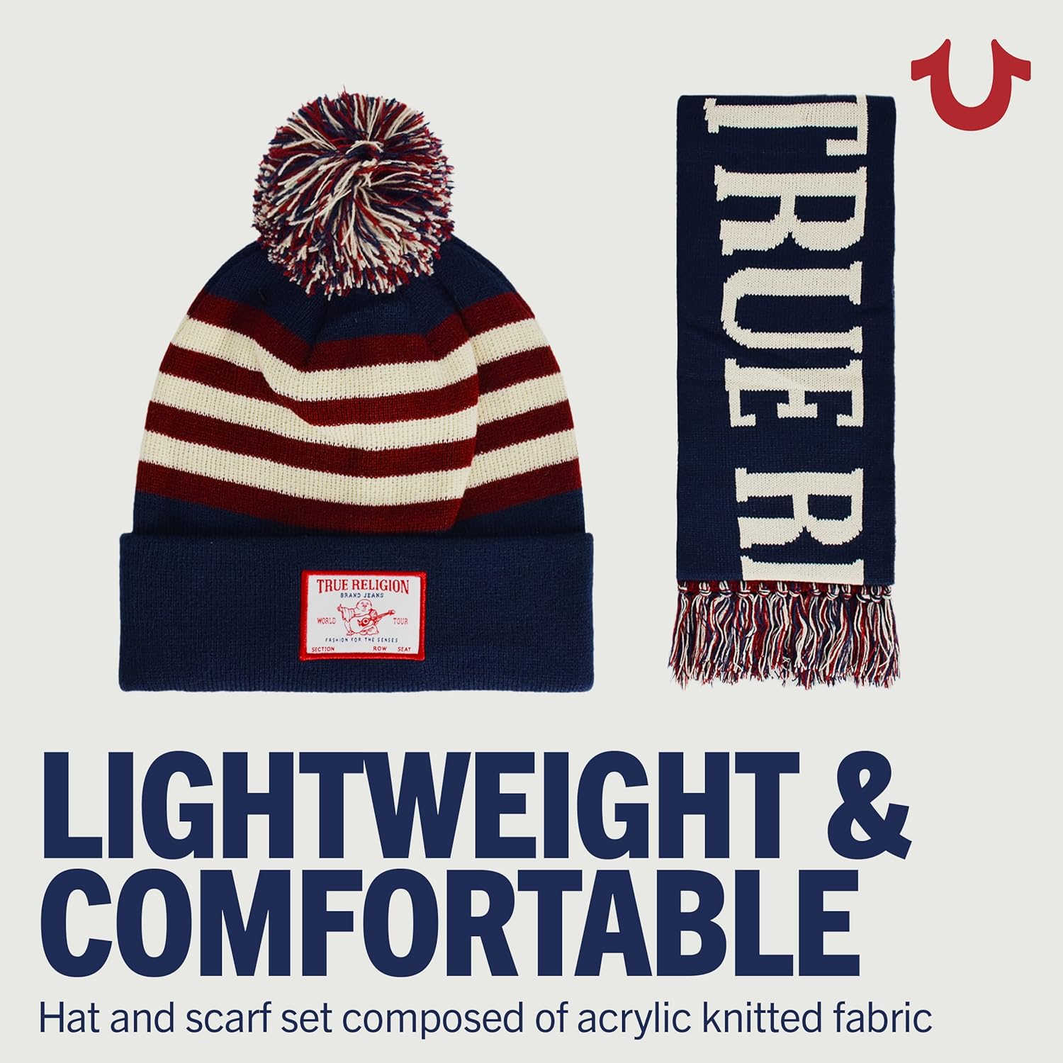 True Religion Women's True Religion Beanie Hat and Scarf Set, Winter Cuffed Knit Cap With Pom and Stadium Style Scarf