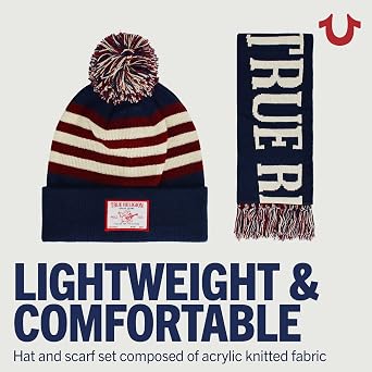 True Religion Women's True Religion Beanie Hat and Scarf Set, Winter Cuffed Knit Cap With Pom and Stadium Style Scarf