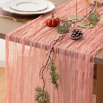 FEXIA Pink Cheesecloth Table Runner Girl Baby Shower Bridal Decorations | 35x120 Inches, Fall Gauze Table Runner Tea Party Baby Shower Wedding Decor Table Centerpiece Baptism Decorations Room Decor