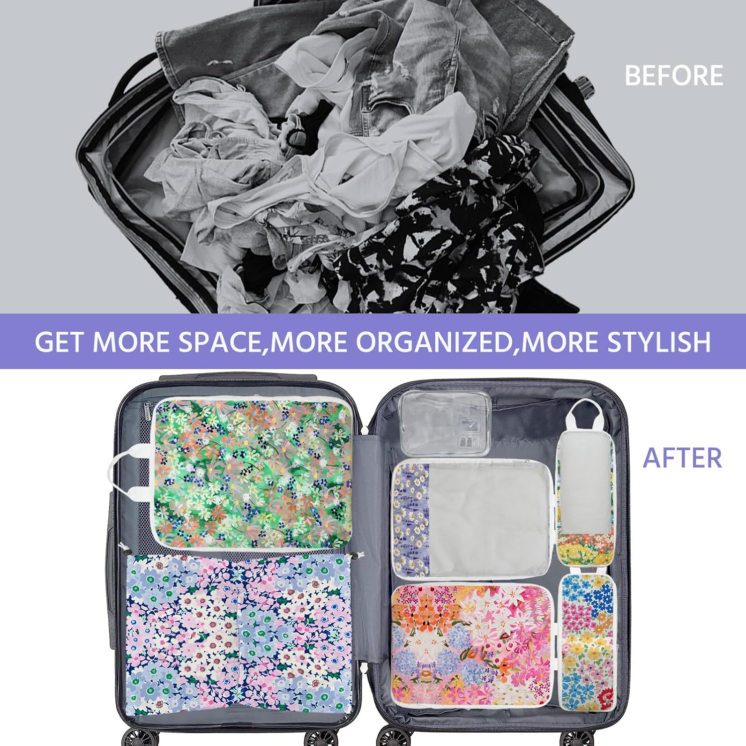 7 Pcs Compression Packing Cubes for Travel, Waterproof Suitcase Luggage Backpack Organizer with Toiletry Bag Travel Essentials for Women/Men-Flowers - Image 8