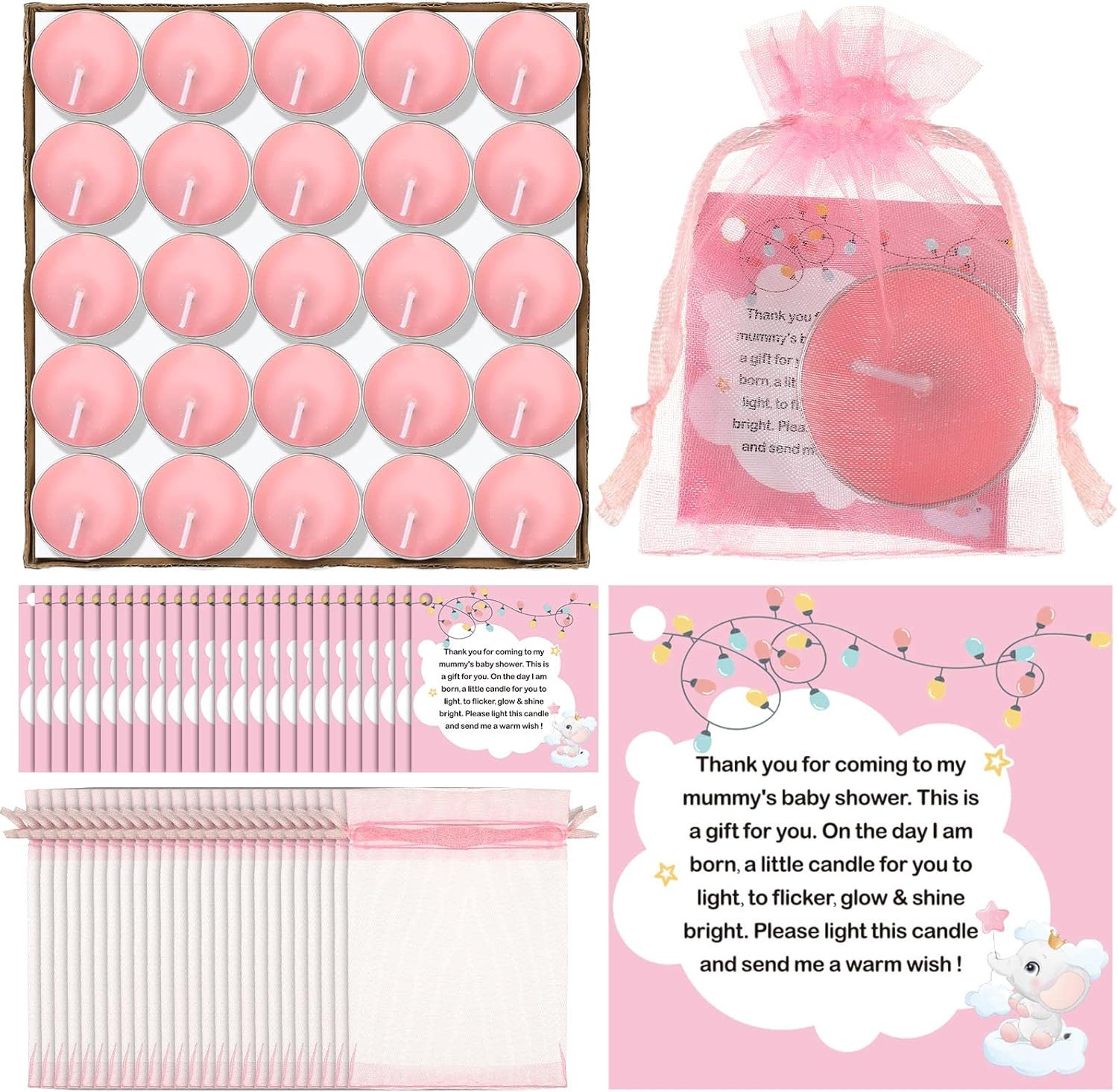 50 Sets Baby Shower Favors 50 Pcs Tea Light Candles for Guests with 50