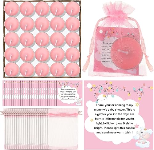 Sosation 50 juegos de velas de baby shower para invitados, 50 velas de té, 50 etiquetas de agradecimiento y 50 bolsas de regalo de devolución para