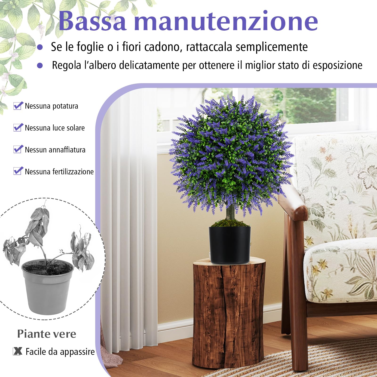 COSTWAY Set di 2 Alberi di Topiario Artificiale con Lavanda, Albero di Bosso Finto da 58 cm con Vaso Riempito di Cemento, Pianta Finta Resistente al Sole per Interni ed Esterni