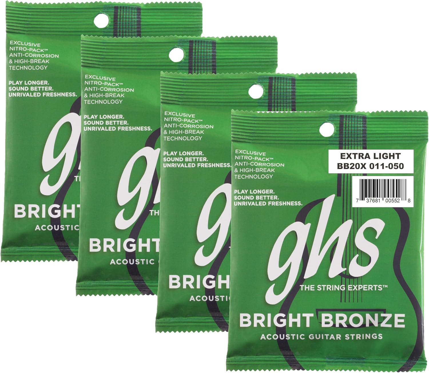 GHS Strings - Bright Bronze Acoustic Guitar Strings – 80/20 Bronze Copper-Zinc Alloy, Bright Tone, Extra Clarity, Long-Lasting Guitar Strings – Light Gauge 11-50 - (BB20X Set) Pack of 4