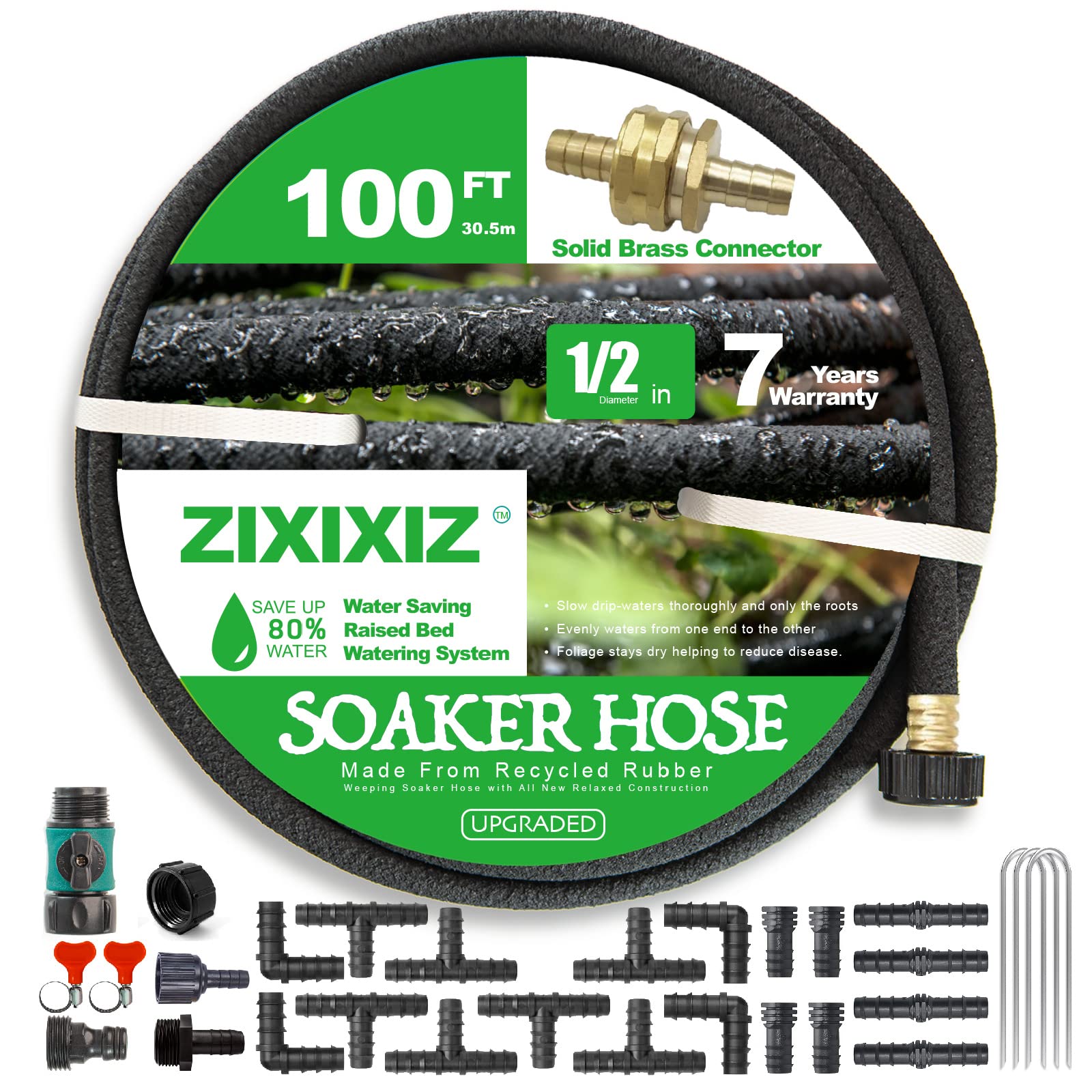 Soaker Hose 100 FT,1/2" Heavy Duty Soaker Garden Hose with Solid Brass Connector for for Garden Vegetable Beds, Tree,Lawn and Plants…