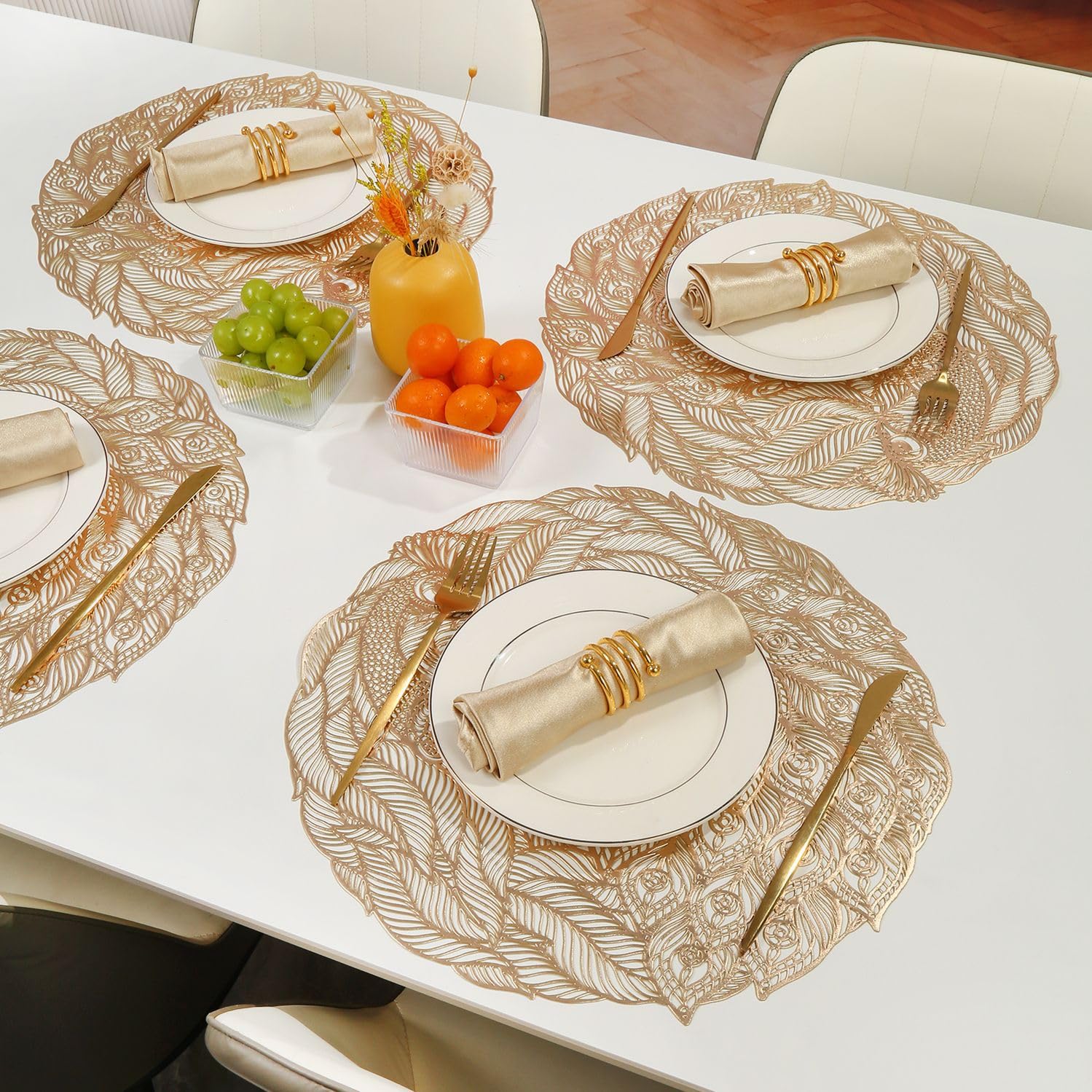 Salvamanteles Lavables, Juego de 4 Manteles Individuales Navideños Lavables de PVC con Diseño de Pavo Real y Filigrana Resistentes al Calor de Lujo Posavasos Tapete Decorativo para Cuencos