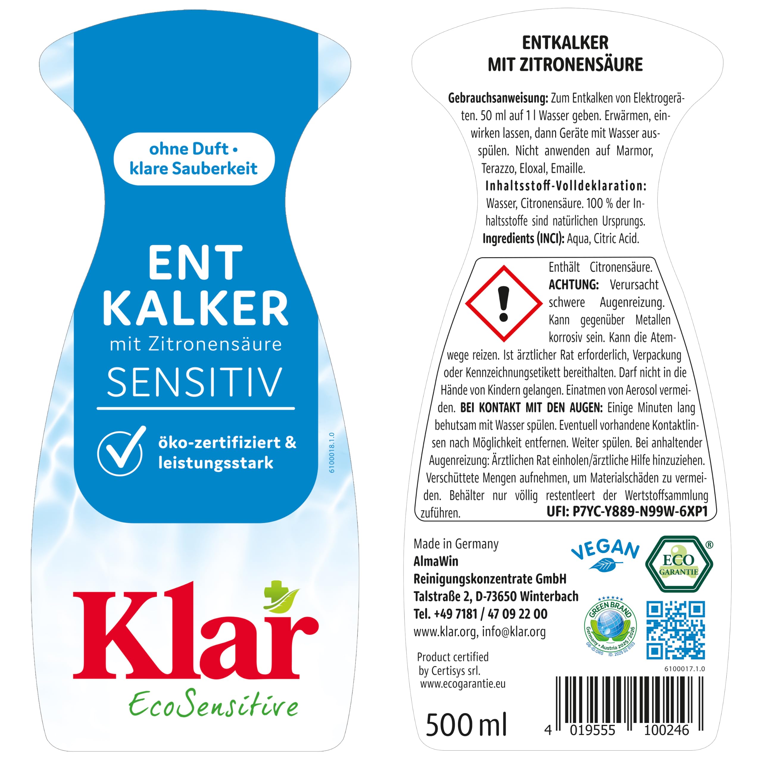 Klar EcoSensitive Entkalker mit Zitronensäure SENSITIV, 500ml - Flüssig | Zitronensäure Entkalker ökozertifiziert - Ideal zum Entkalken von Kaffeemaschine, Wasserkocher, Wasserhahn & Mehr - Vegan