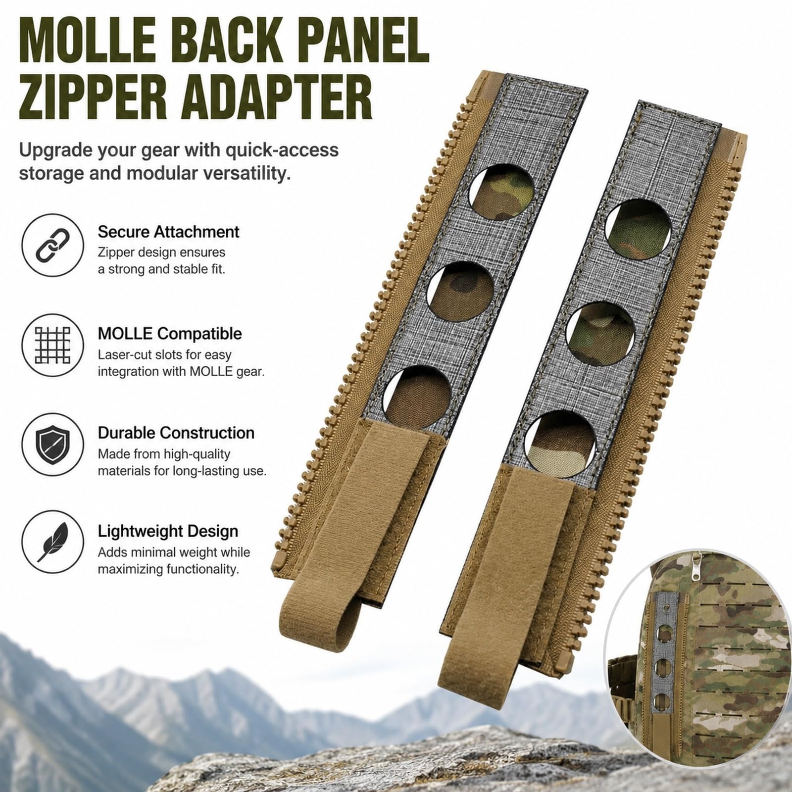 Genérico Adaptador Zipper Panel Trasero MOLLE, Conector Mochila Nylon | Accesorio Ligero 15x5x5cm for Unir Paneles Traseros Y Configuraciones De Mochila