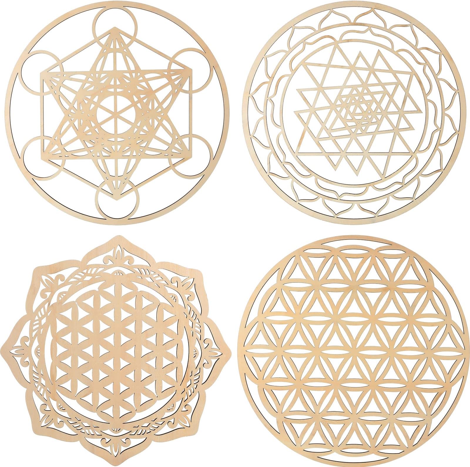 Youyole 4 Pcs 12 Inch Sacred Geometry Wood Wall Art Set Crystal Grid Board Zen Metatron Cube Sri Yantra Flower of Life Mandala Flower of Life Zen Wooden Wall Hanging Decor for Home Room