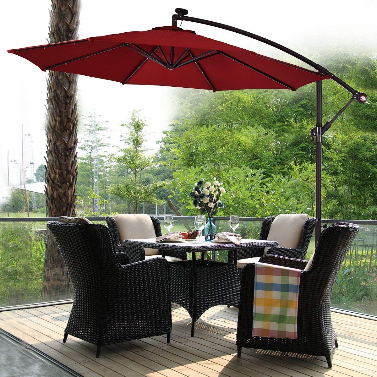 ReunionG 10ft Umbrella LED Lights with Cross Base and Hanging Cover, Patio Umbrella Sun & Rain Shelter for Outdoor Backyard, Poolside, Garden and Beach (Burgundy)