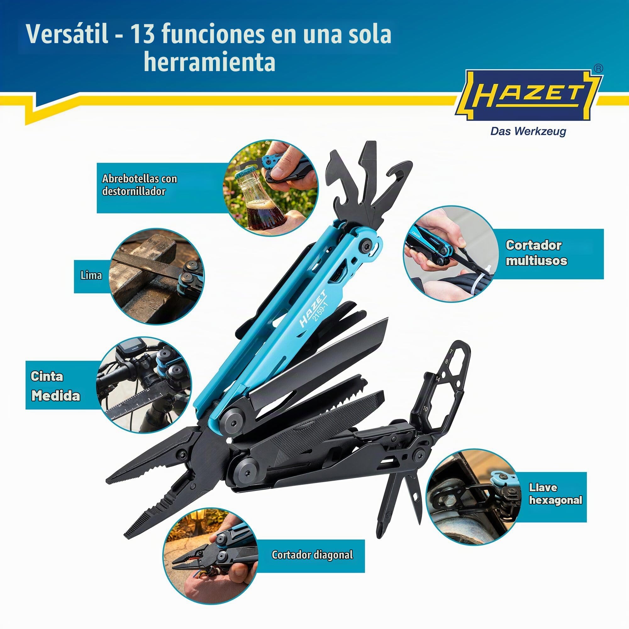 HAZET Multitool 2159-1, 13 en 1, acero inoxidable, con alicates de punta, cuchillo, sierra, destornillador, llave hexagonal, tijeras, clip para cinturón, incl. funda robusta para cinturón".