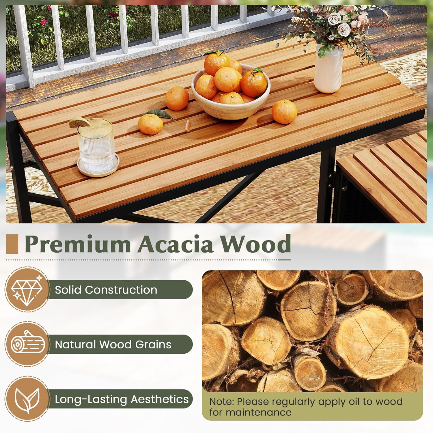 Detail of the premium acacia wood surface of the Tangkula convertible bench, showcasing its natural grain and solid construction.
