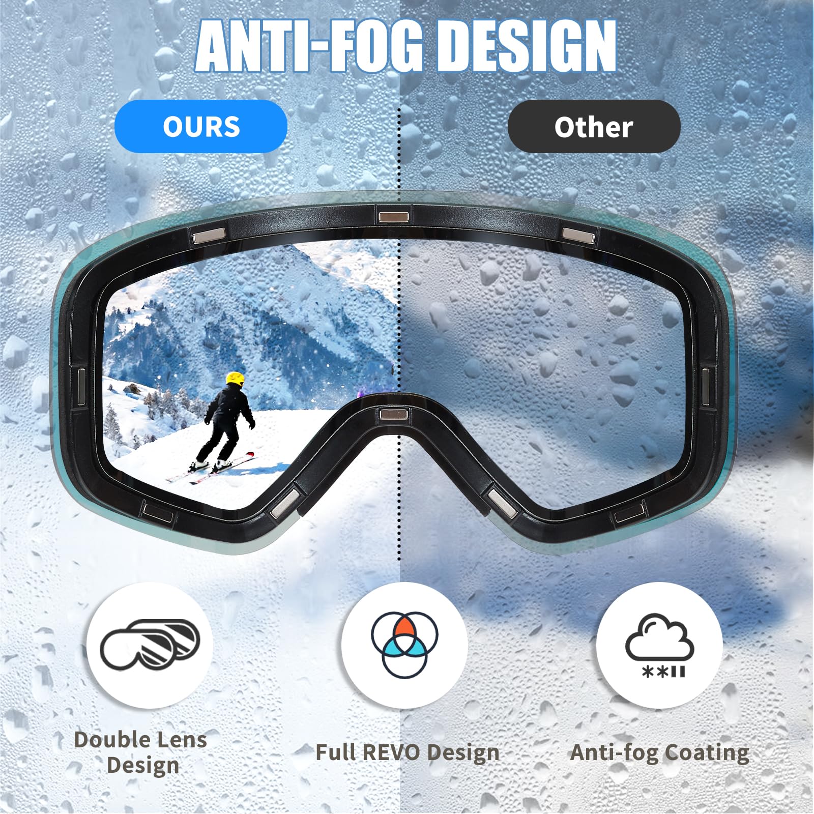 YH879B Lunettes de ski OTG et de planche à neige avec verres magnétiques interchangeables, protection UV et anti-buée, lunettes de neige pour homme et femme (monture noire, bleu Revo intégral, VLT 19