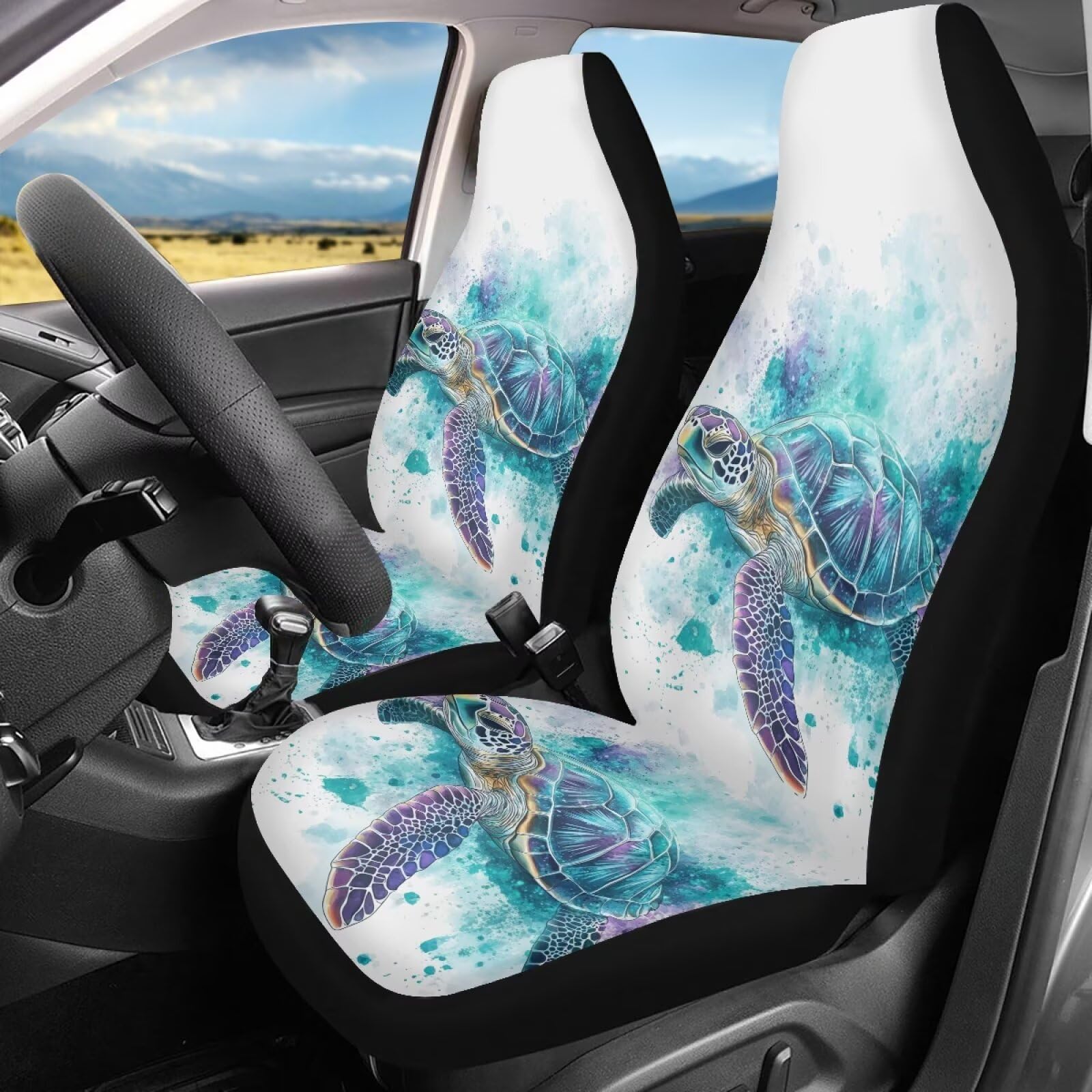 Horeset Vordersitzbezüge, 2 Stück, Meeresschildkröte, Boho, atmungsaktiv, Sitzschutz, Kissenbezüge, universal, passend für die meisten Fahrzeuge, Sommer, Automobilzubehör, Innenraum