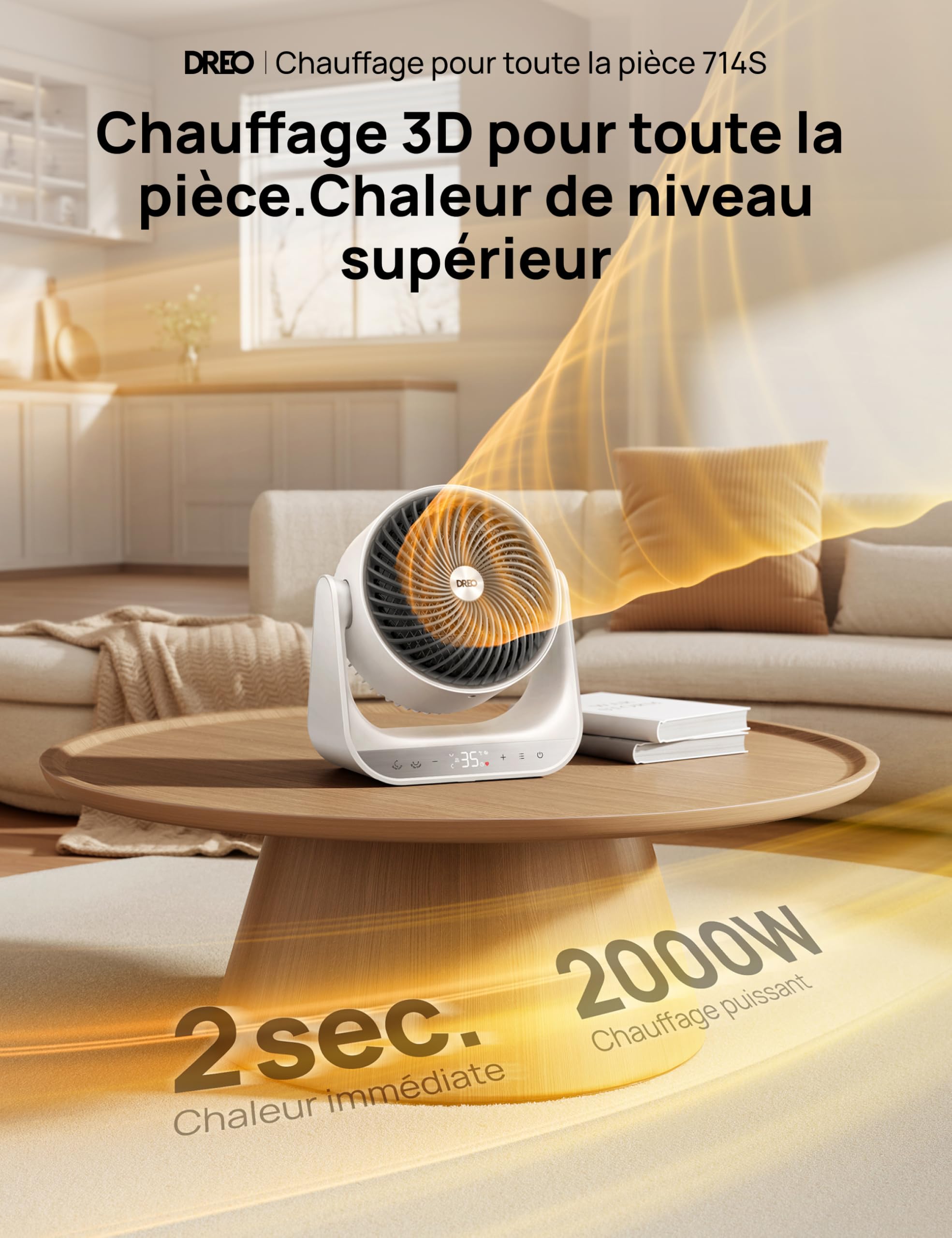 Dreo Chauffage électrique intérieur 2000W avec télécommande et thermostat, 7 modes, protection contre la surchauffe et le basculement, chauffage portable pour toute la pièce, blanc, appareil 714S