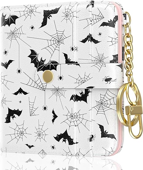 Womens Wallet, RFID Small Wallets for Women, Slim Compact Credit Card Holder, Cute Leather Bifold Ladies Purse with Zipper Coin Pocket and ID Window, Gothic Bats