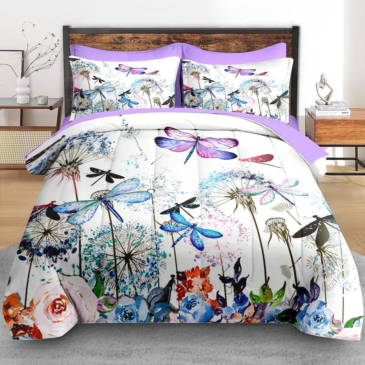 Comforter Set Queen Size, Dragonfly Flower 7 Pcs Bedding for Kids and Adults, Purple Rose Hydrangea Bed Sheet Sets with Fitted Sheet 2 Pillowcases & 2 Shams for Bedroom Bed Decor - Image 3