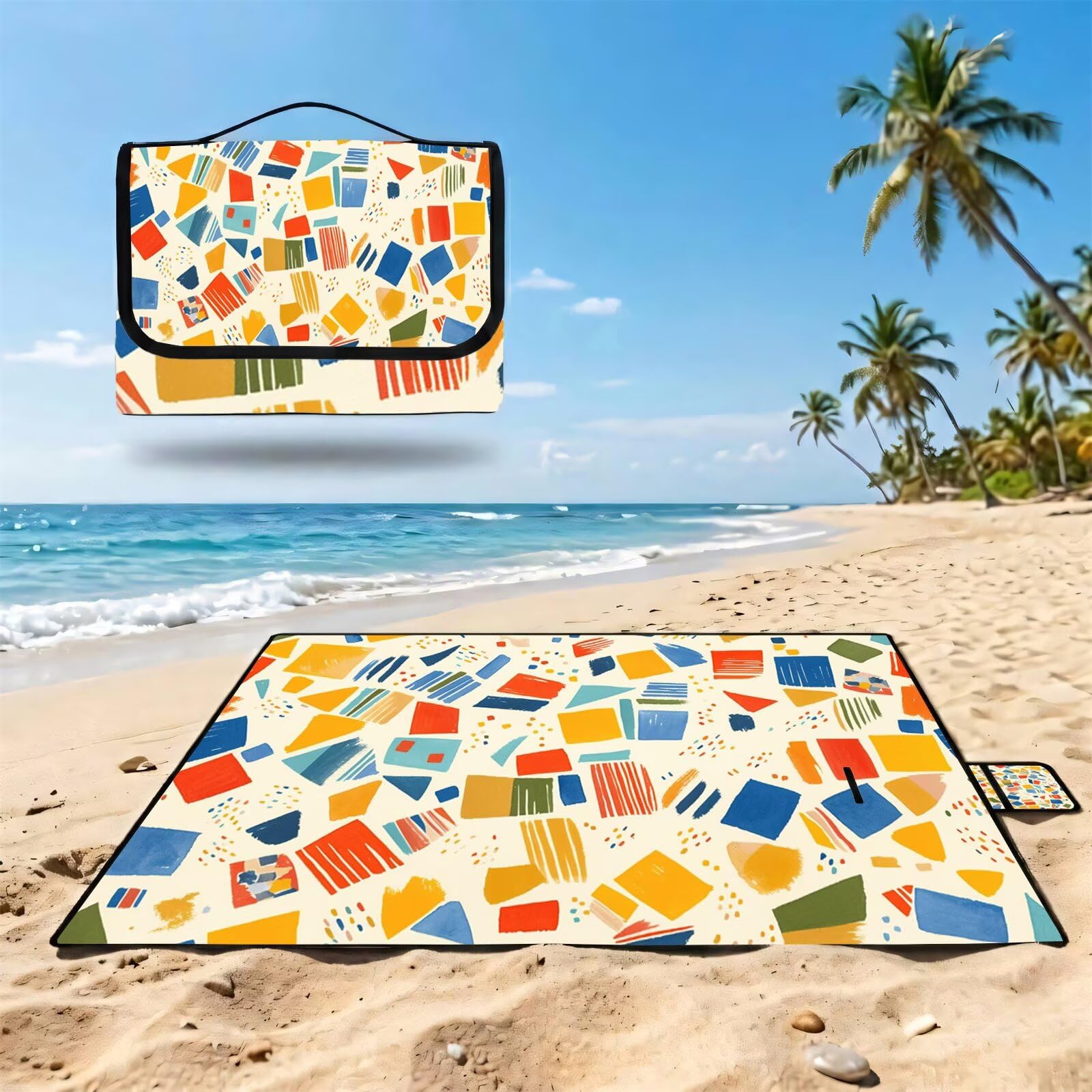 Couverture Pique Nique Grande 200x300cm,Outdoor Couverture Imperméable,Pliable Tapis de Plage Dos en PVC,Picnic Blanket pour Camping Accessoires,Jardin,Parc - Couleur crème,géométrique (7) UZ-104