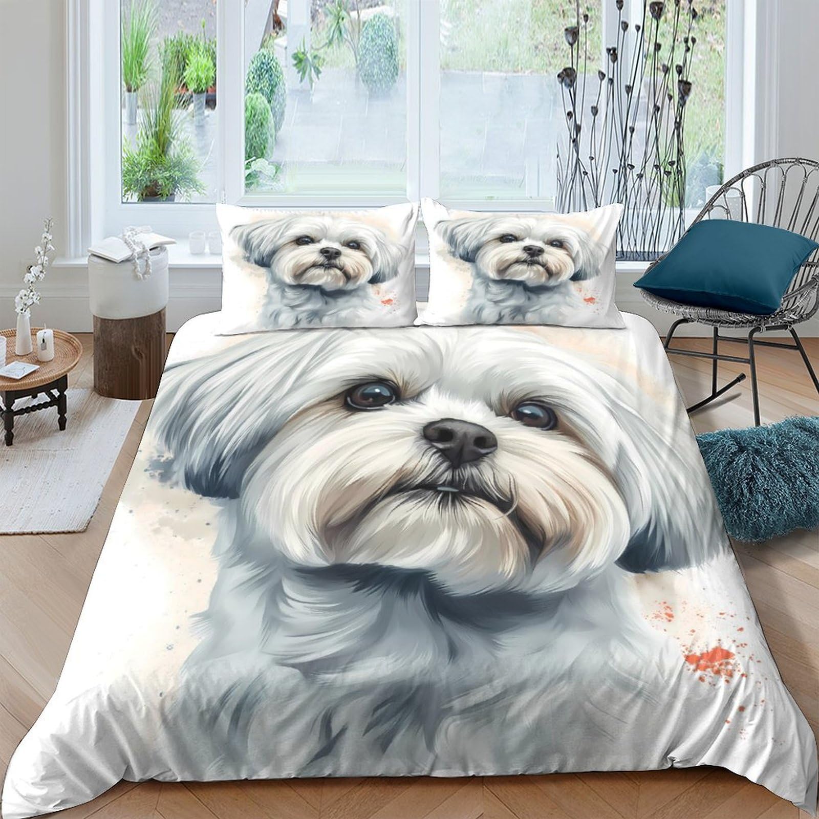 Ctjqhvkz Style-2 3D Printed White Dog Portrait Fitted Sheet Microfiber Soft Breathable Puppy Bed Sheet Decor For Bedroom Guest Room Mattress Protection Single（135X200cm）