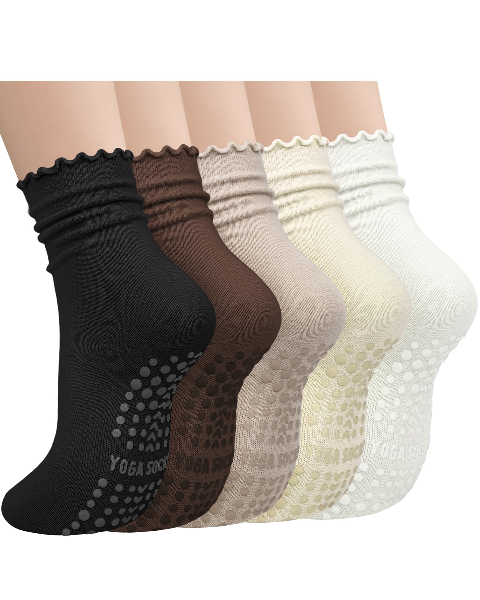 Darller 5 Pairs Pilates Socks with Grips for Women, Non Slip Cotton Ruffle Yoga Socks for Barre Workout Hospital