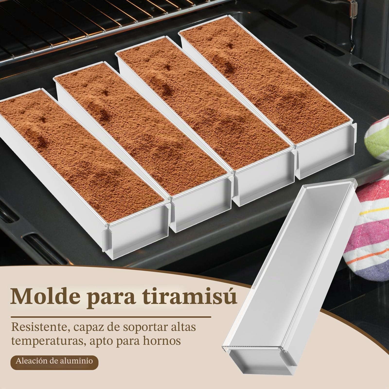 Molde de tiramisú rectangular, acero inoxidable con tapa y parte lateral extraíble, molde antiadherente para tartas, de aleación de aluminio, para pasteles, pan y tiramisú
