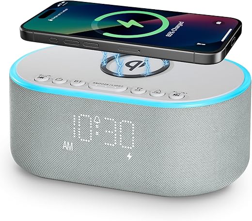 Odokee Wireless Charging Alarm Clock Radio: Qi Certified Fast Wireless Charger for iPhone Samsung - 10W Stereo Bluetooth Speaker - Dimmable Digital Clock with FM Radio for Bedroom Cloud Blue