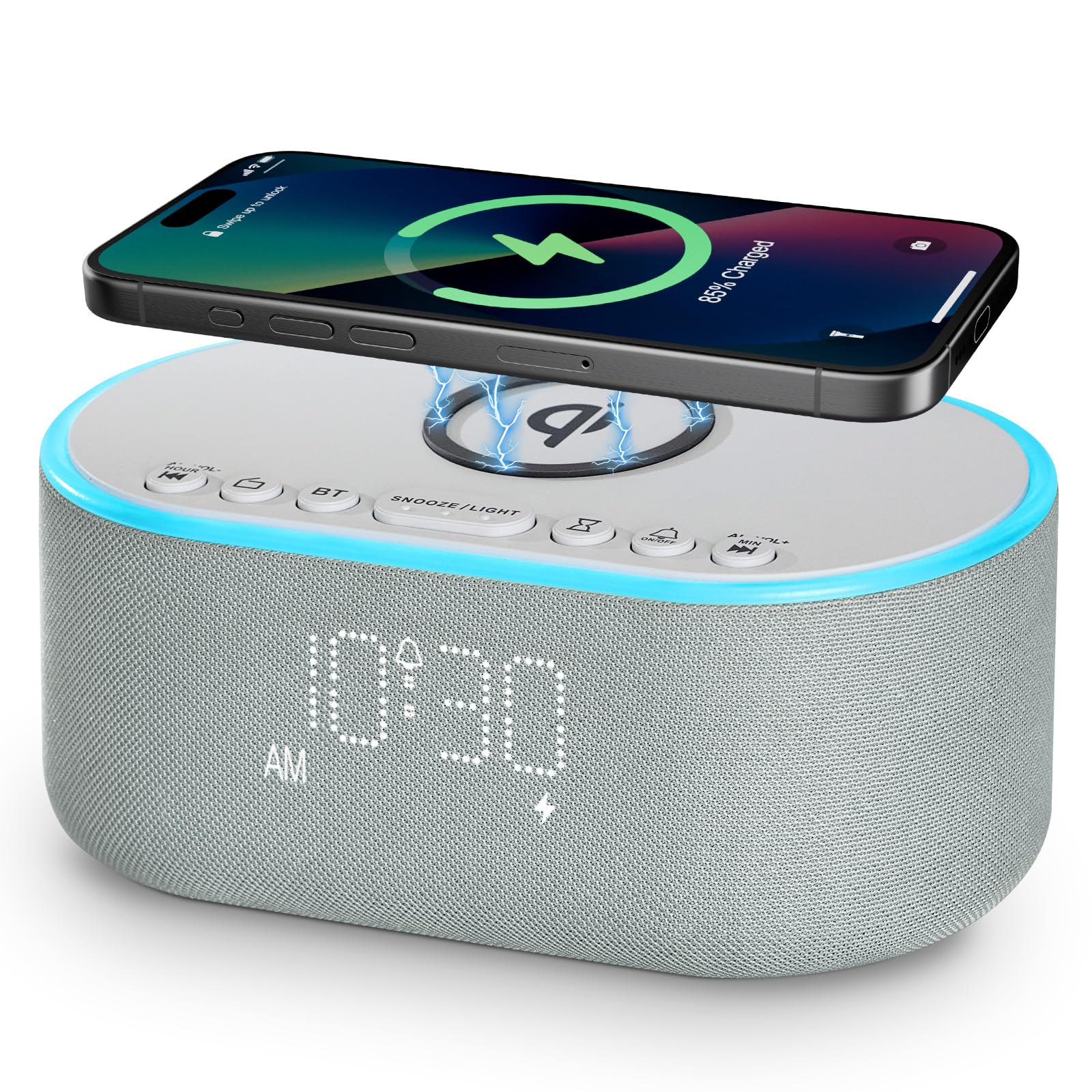 Odokee Wireless Charging Alarm Clock Radio: Qi Certified Fast Wireless Charger for iPhone Samsung - 10W Stereo Bluetooth Speaker - Dimmable Digital