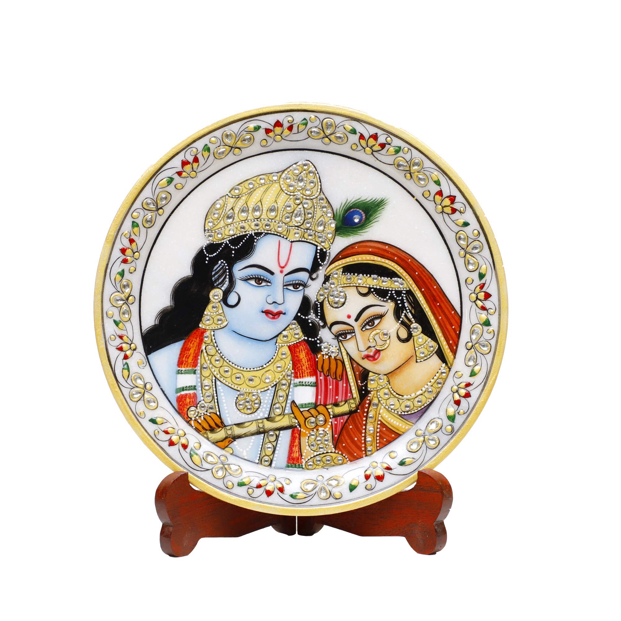 Anjali Arts 9 Inch Designers Decorative Marble Plate | Round Shape Lord Radha Krishn with Flute Showpiece Pottery Plate with Stand (Multicolor, 23x23x2 cm)
