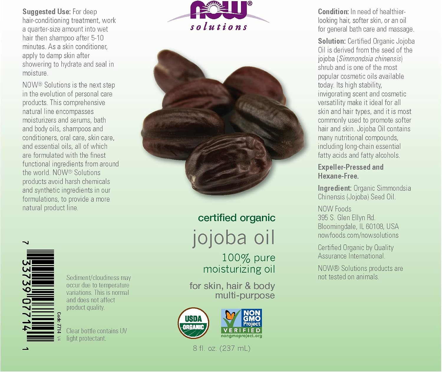NOW Solutions, Organic Jojoba, Moisturizing Multi-Purpose Oil for Face, Hair and Body, 8-Ounce