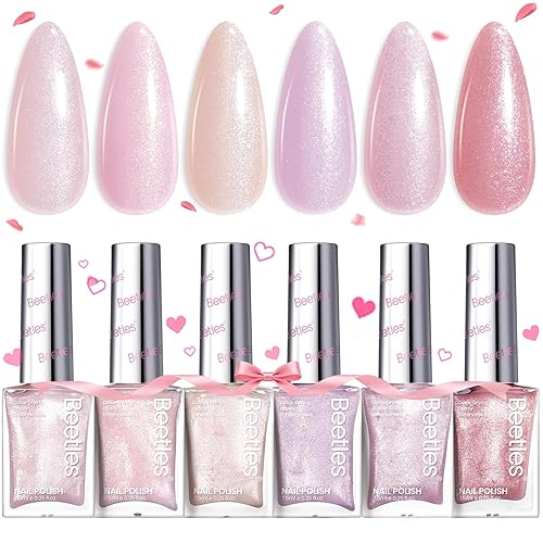 Beetles Pink Nail Polish Set, 6 Colors Glitter Quick Dry