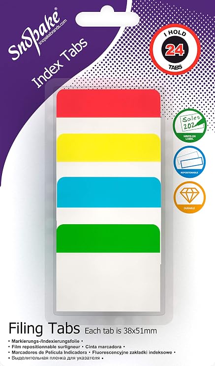Snopake Extra Thick Repositionable Filing Index Tabs 38x51mm – 24 Tabs [Assorted/Semi-Transparent] 15883