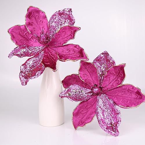 Miniatura 7 de Lotus Hills Flores de Pascua artificiales de terciopelo de 10 pulgadas, 6 palillos de Pascua de Navidad grandes con purpurina, tallos florales para