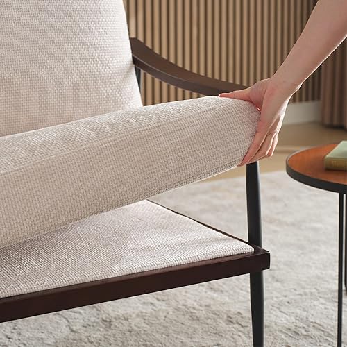 Miniatura 6 de Silla decorativa moderna, sillas de acento modernas de mediados de siglo, silla de brazo de tela de lino con reposabrazos de madera, silla de ocio