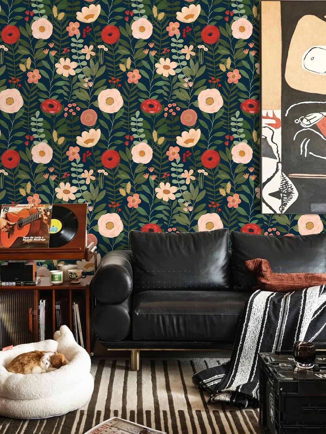 Floral Peel and Stick Wallpaper, Boho Waterproof Wall Paper for Cabinet and Drawer, Navy Blue/Green/Pink Renter Friendly Wall Decor for Bathroom, Nursery, Playroom, 17.5” x 118”