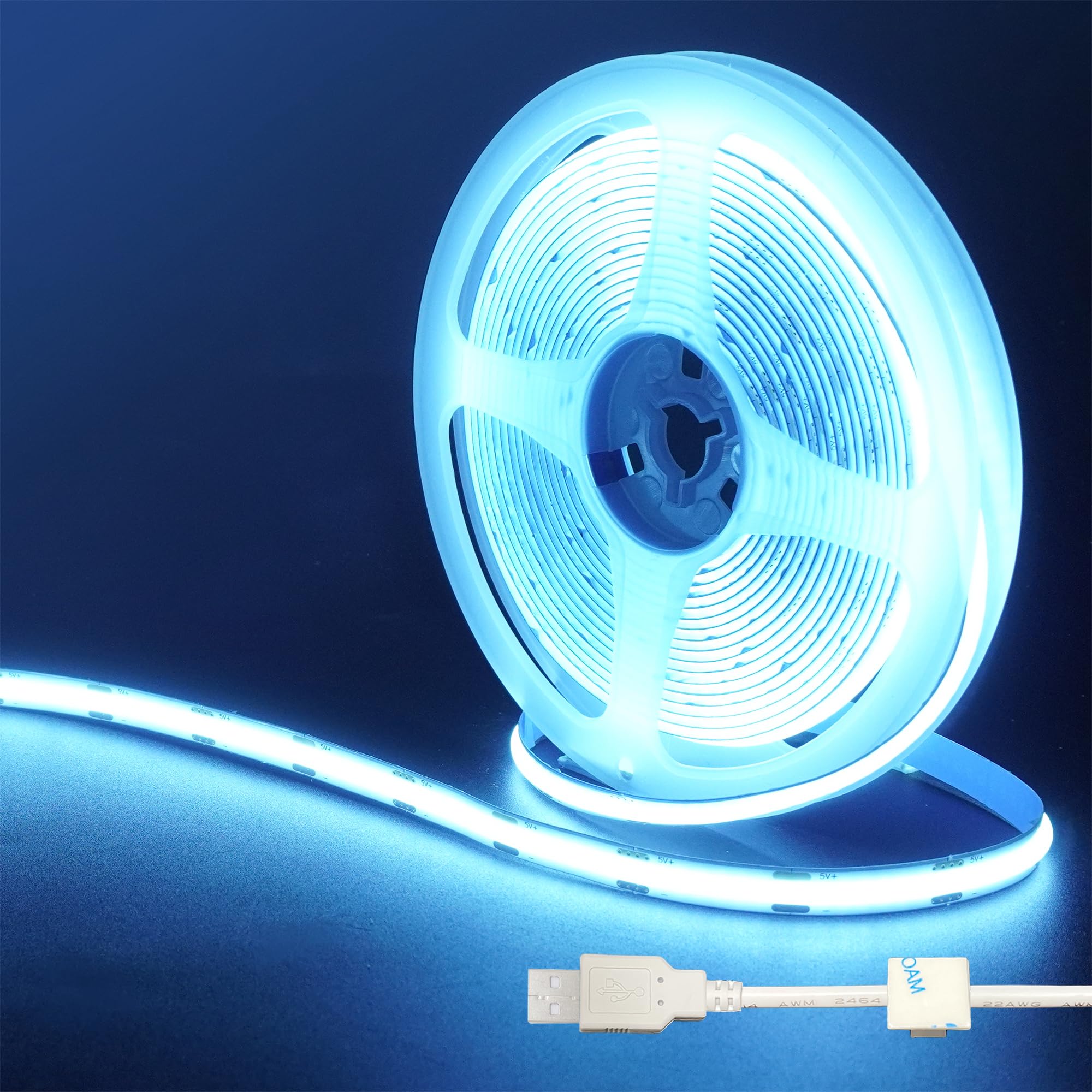 Clearhill 5V USB COB LED Strip Lights,9.84FT/3M,Ice Blue,320LEDs/M,8mm Width,Not Waterproof IP20,1M USB Cable,Flexible LED Tape Light for DIY Home Indoor Decoration