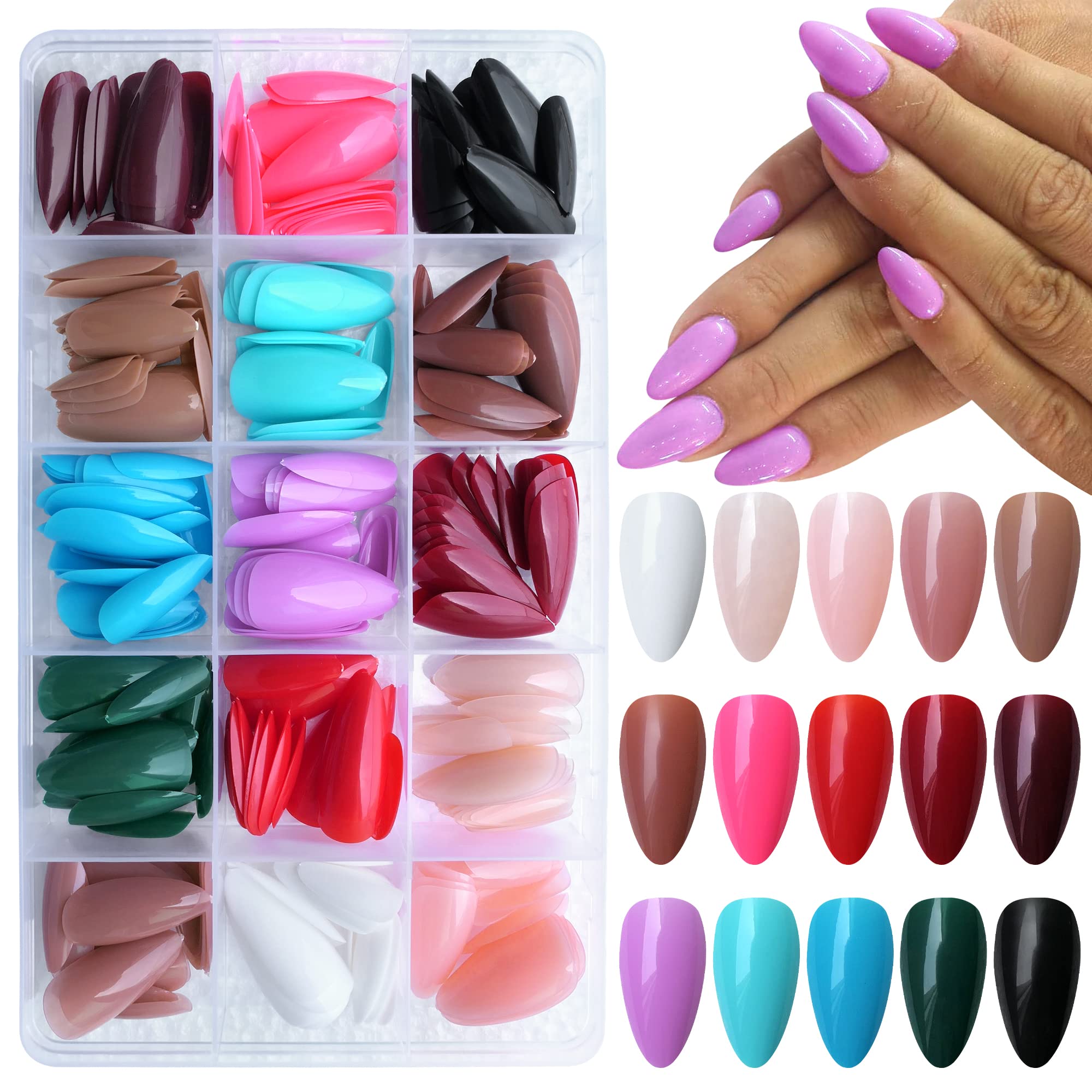 Bellelfin 360Pcs Almond Press on Nails,Medium Length Fake Nails Glossy Colored False Nails Press ons 15 Colors Acrylic Nail for Women Girls