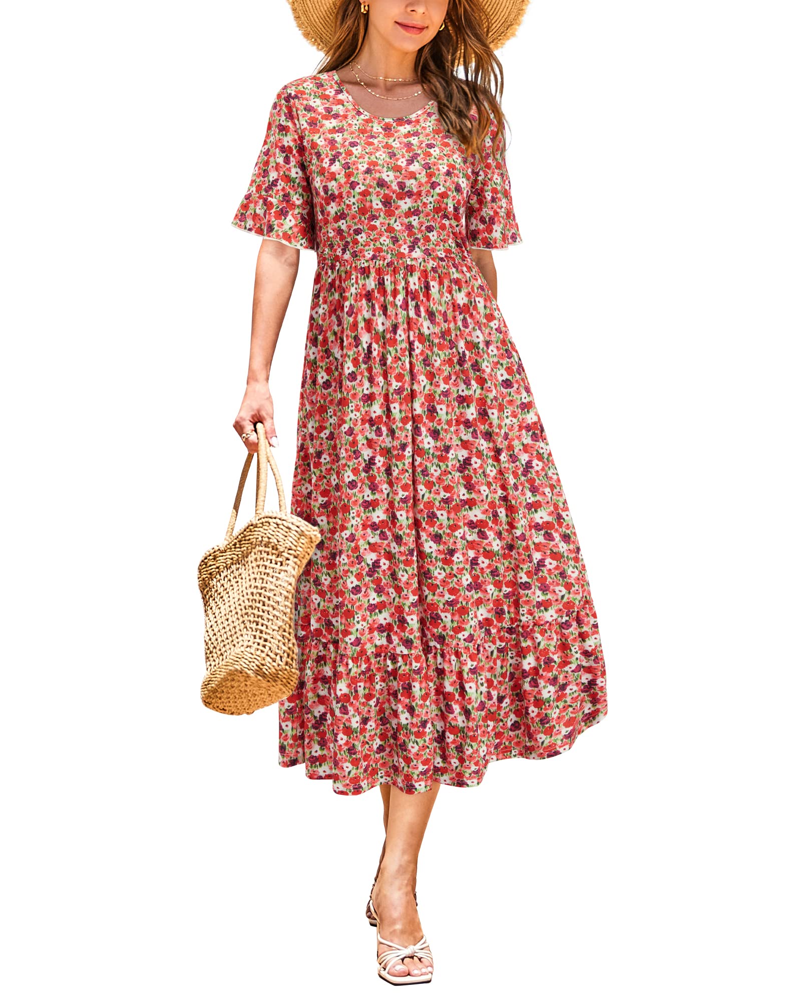 STYLEWORD Señoras Vestido de Verano Vestido Midi Floral Manga Corta Maxi Vestidos Vestidos Largos con Bolsillos