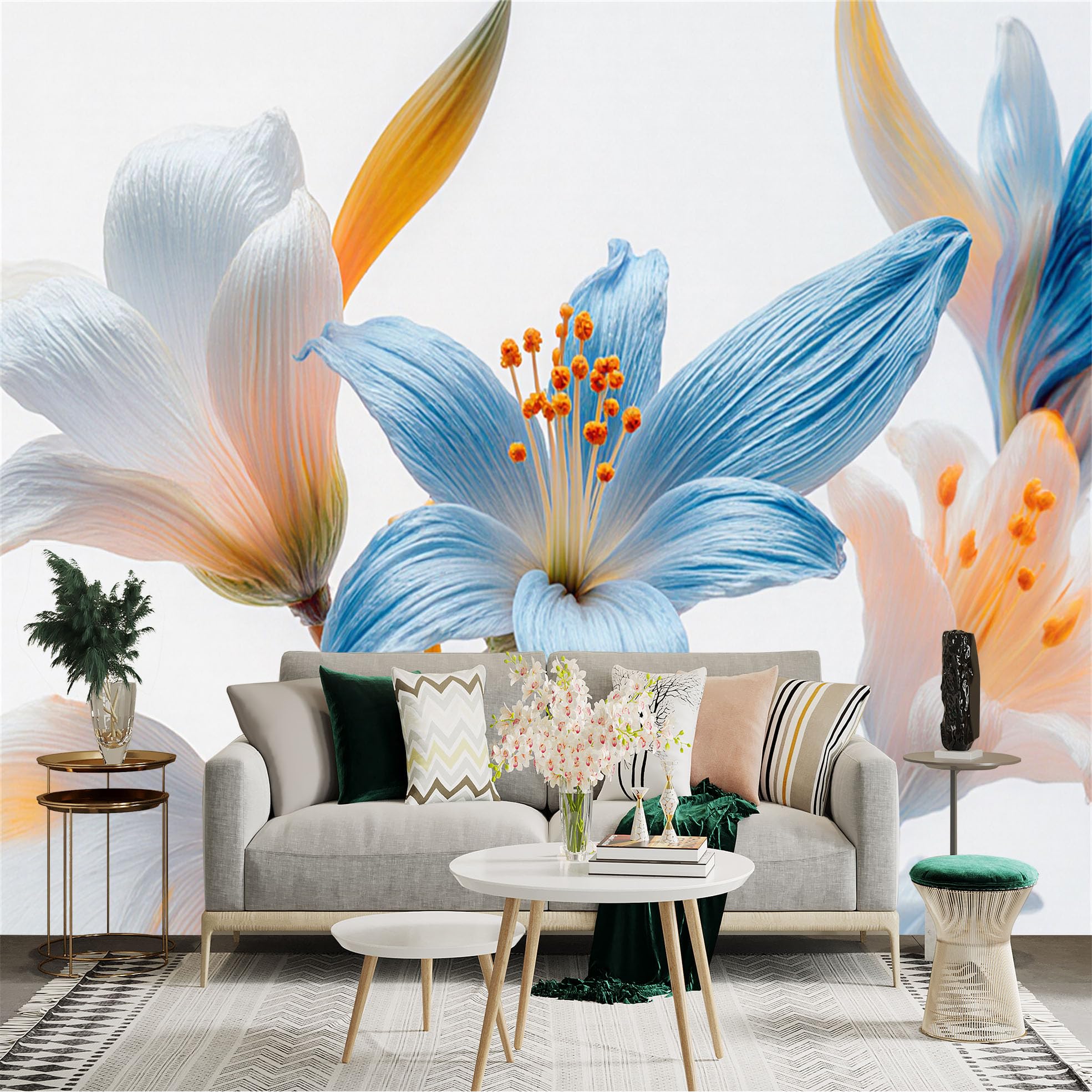 Custom Size Wall Sticker Mural， Elegant Blue and White Lilies， Soft Pastel Flower Petals， Botanical Floral Art， for wall Decoration， peelandstick wall Decals.