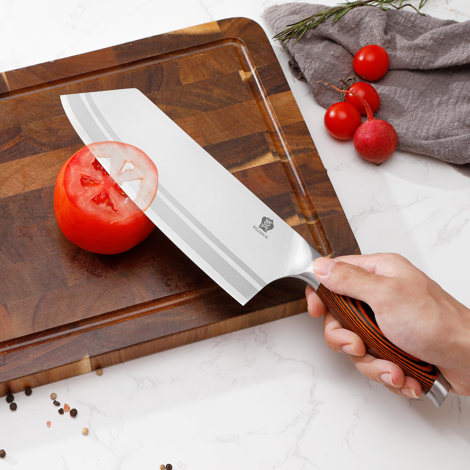WILDMOK Set di coltelli da cucina 7 pezzi con manico in legno di pakka premium Set di coltelli in acciaio tedesco include set di coltelli da chef mannaia