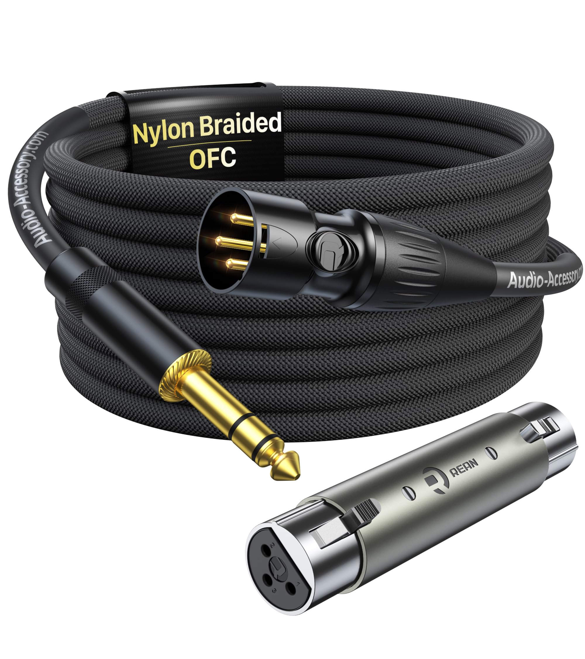 AA AUDIO ACCESSORY Cable XLR macho a 1/4 con adaptador XLR hembra a hembra, conectores Rean de Neutrik, cable TRS trenzado de nailon reforzado con Kevlar, cable equilibrado de un cuarto de pulgada, 25