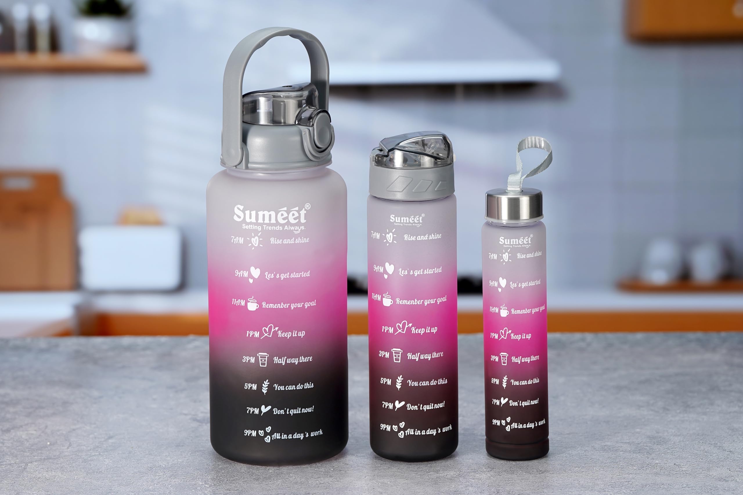 Sumeet Leak Proof Motivational/Inspire-Hydrate Water Bottle Combo With Straw & Time Marker For Office/School/College/Gym/Picnic/Out Door Sports - 300Ml, 700Ml & 1850Ml Set Of 3, Grey - Plastic
