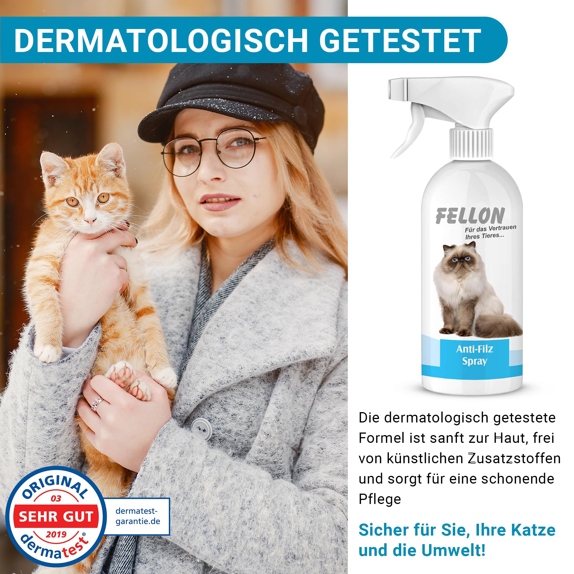 Fellon Spray anti-feutre pour chats - Spray démêlant 500 ml - pH neutre - Soin du pelage pour une brillance soyeuse et facile à démêler - Pour toutes les races de chats et les personnes allergiques