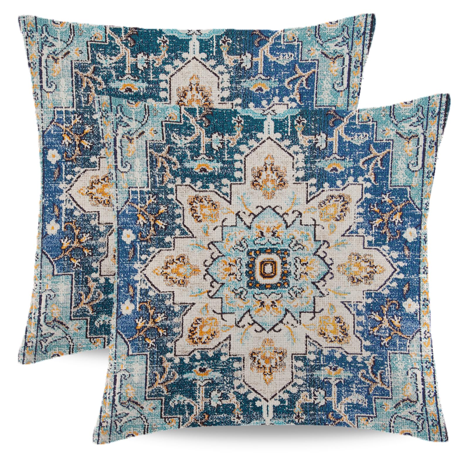 Wsunsal Boho Pillow Covers 18X18 Inch Set of 2 Blue and Teal Floral Outdoor Decorative Throw Pillow Case Ethnic Carpet Pattern Design Cushion Cover