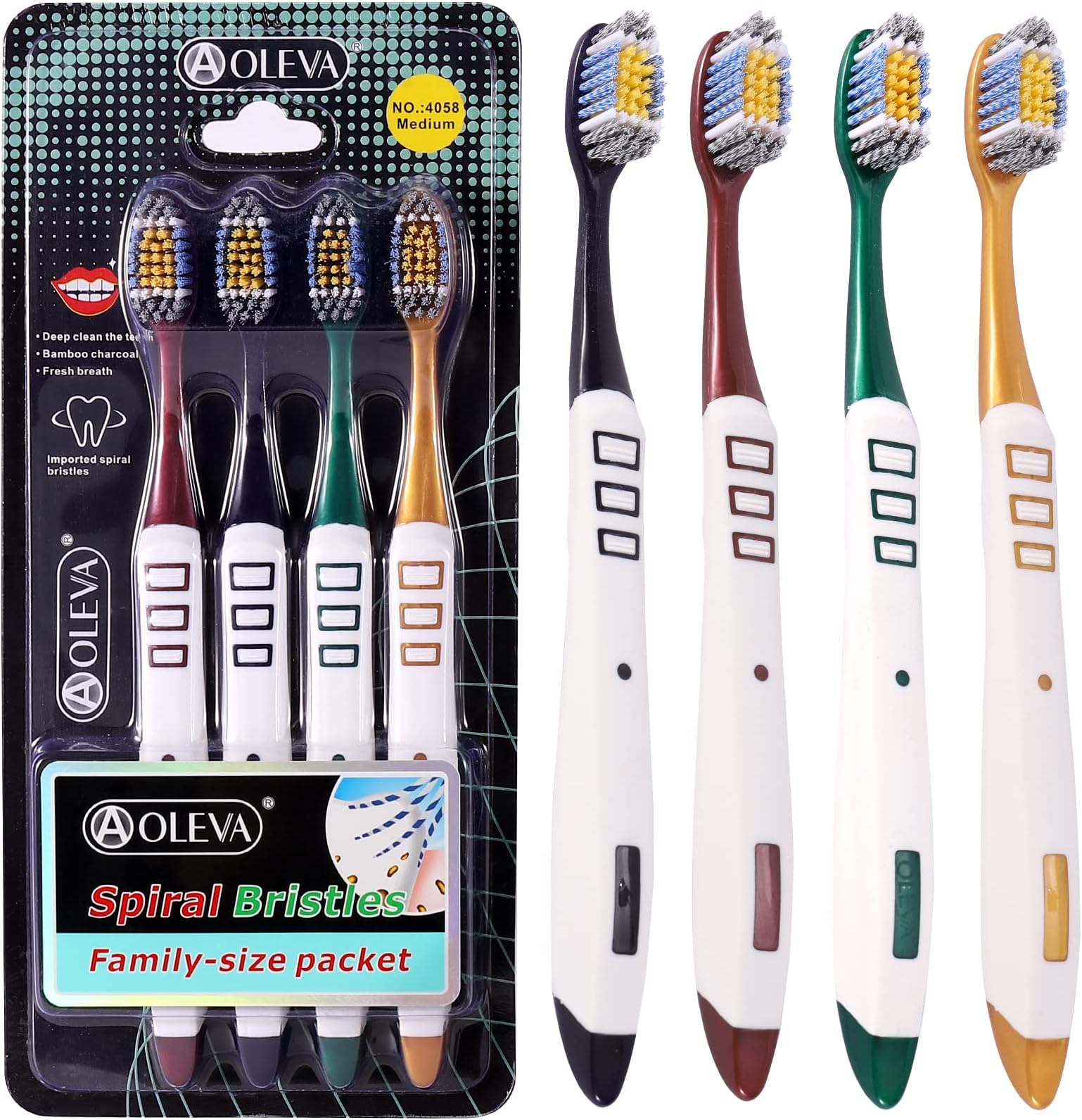 AOLEVA Adult Manual Medium Toothbrush Deep Clean Superfine Spiral Charcoal Bristles Family Set 4 Count