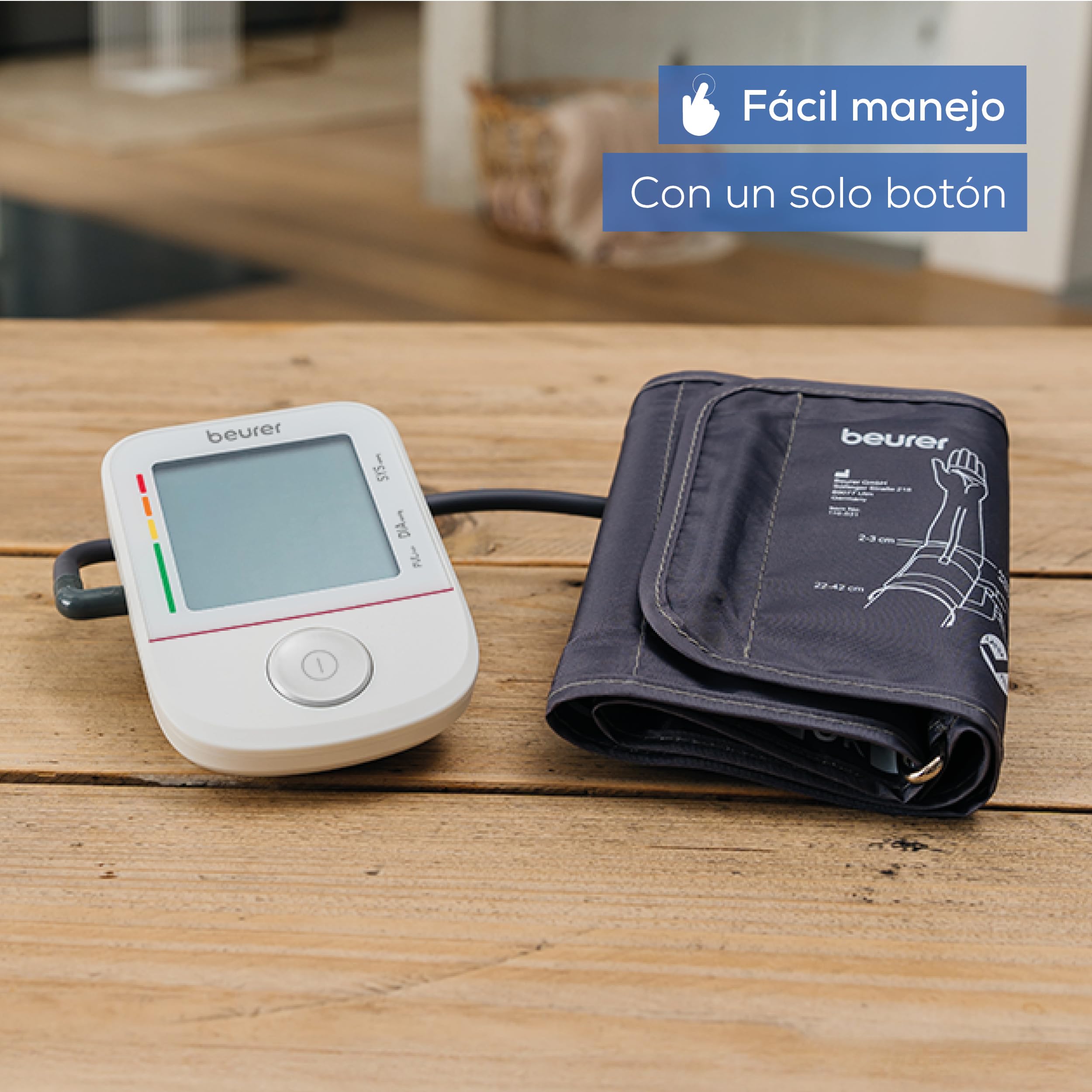 Beurer BM 38 Tensiómetro de brazo, manejo sencillo con un solo botón, medición precisa, detección de arritmias, pantalla XL, brazalete de 22-42 cm, Transferencia de datos a Apple Health