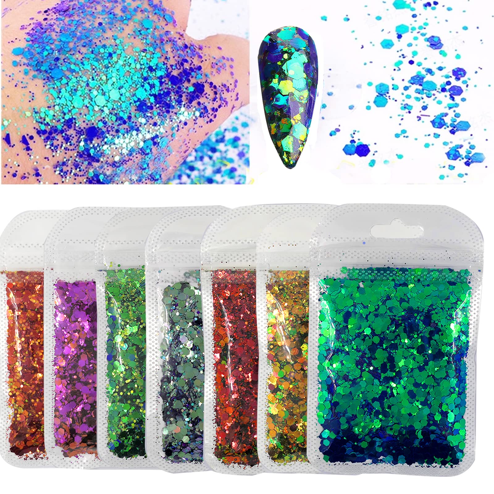 70g Chameleon Chunky Glitter Holographic Hexagon Shapes Nail Sequins Crafts Resin Gradient Glitter Sparkles Stickers for Resin Epoxy Crafts and Nail Art((7PC Gradient Glitter)