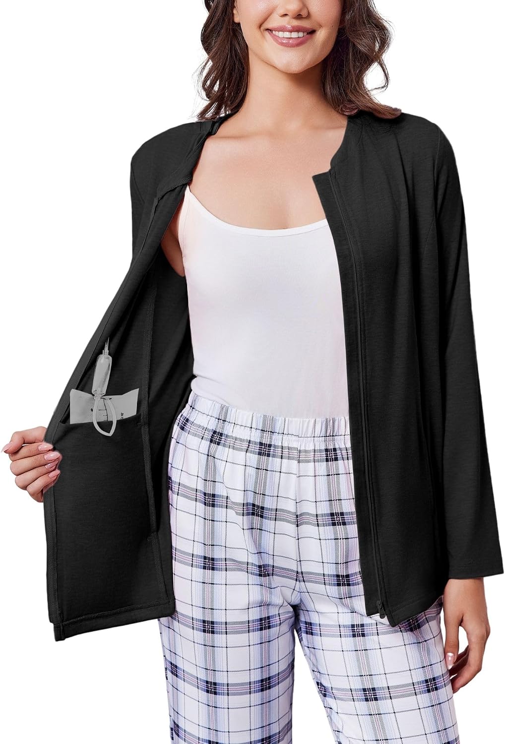 Deyeek Mastectomy Shirts with Drain Pockets Post Shoulder Surgery Tops for Women Chemo Port Long Sleeve with Zippers