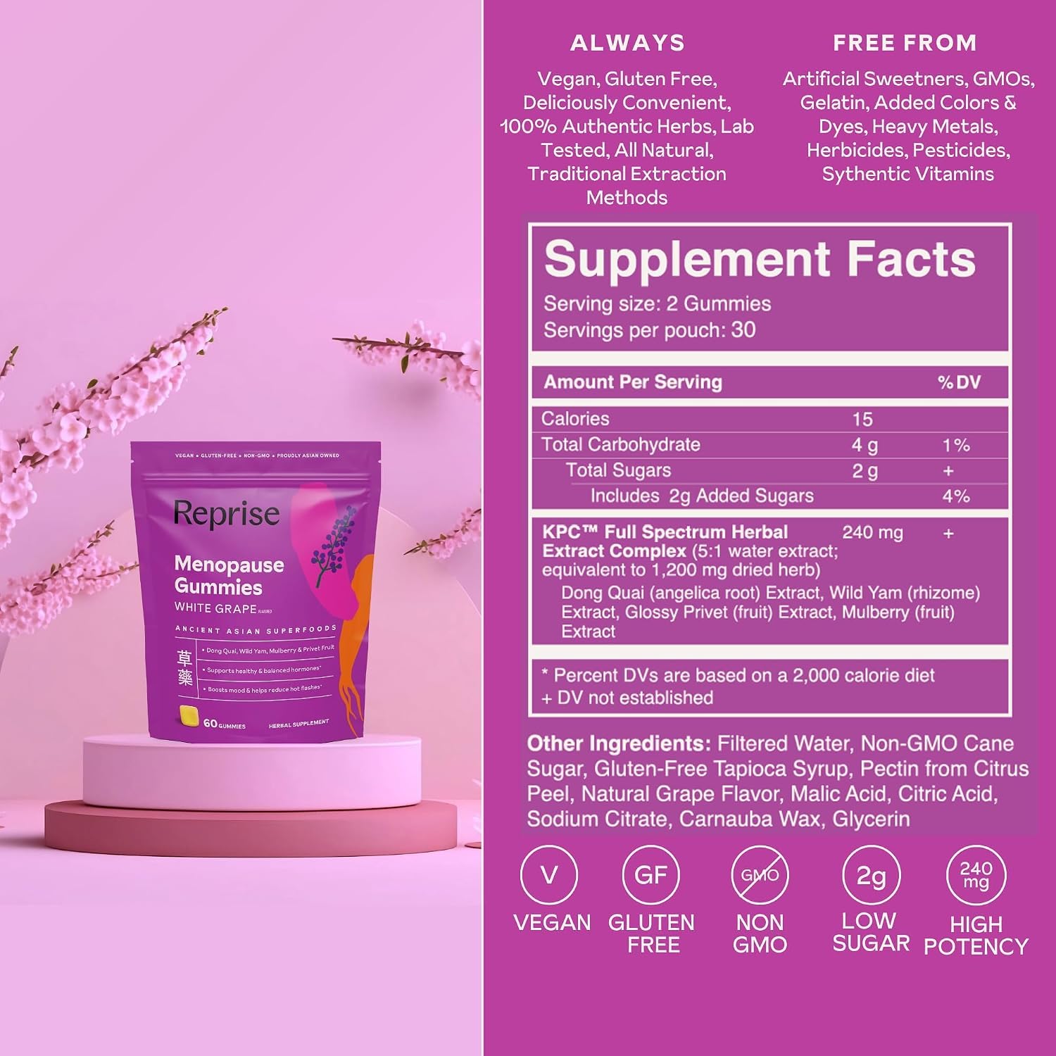 Menopause Gummies for Women | Healthy, Balanced Hormones | Reduce Hot Flashes, Night Sweats | Boosts Mood, Vitality, Energy| Dong Quai, Wild Yam, Mulberry, Privet Fruit | Low Sugar Chews, 60 Gummies