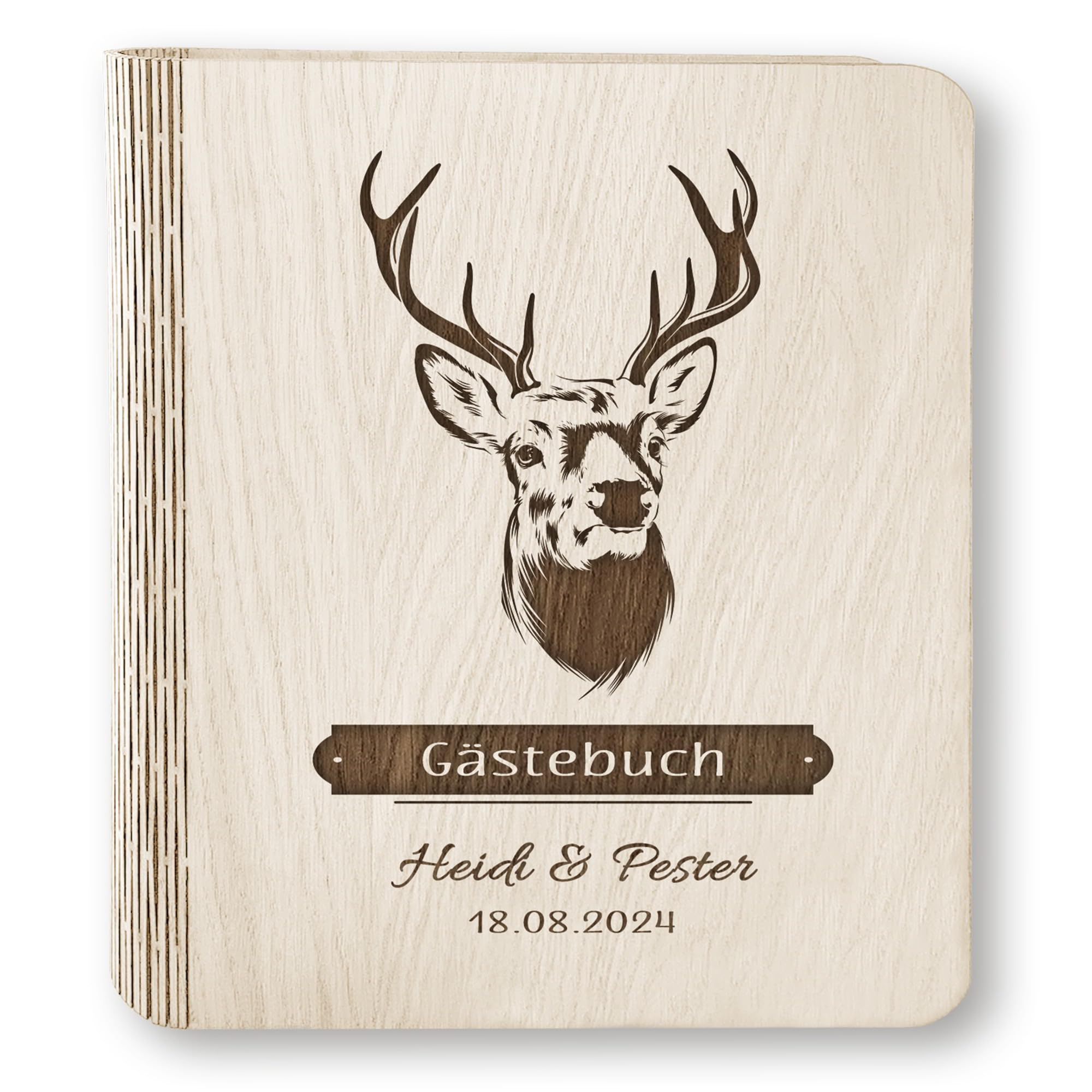 Holz Gästebuch Hochzeit Deer Dreams mit und ohne Fragen ca. 22,5 x 23,5 cm - Hochwertiges Hochzeitsgästebuch Holzbuch Landhochzeit Holzgästebuch Hochzeit Hirsch Handarbeit